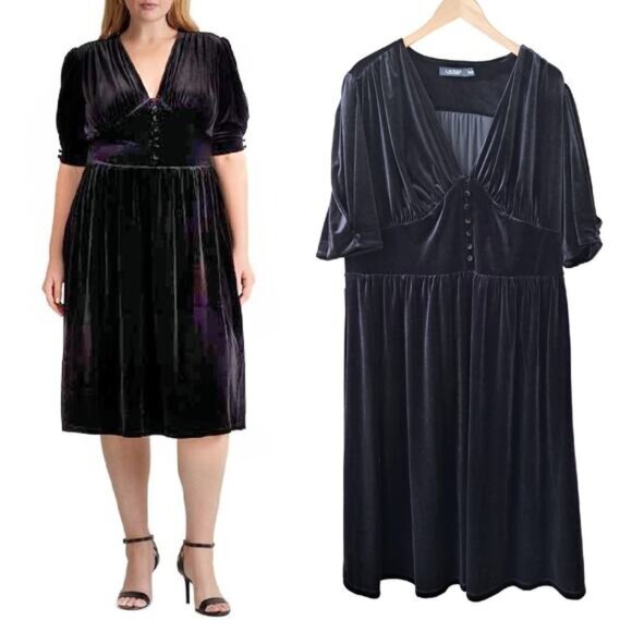LAUREN Ralph Lauren Black Velvet V-Neck Puff Sleeve A-Line Midi Dress Size 2X - Picture 2 of 14
